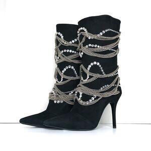 Giuseppe Zanotti Sheena Black Suede Crystals Chain Pointed Toe Tall Boots 38.5